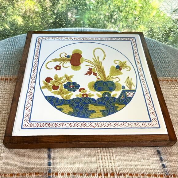 Vintage Semigres Italy Tile Trivet with Wood Frame – Floral Design - Picture 5 of 15